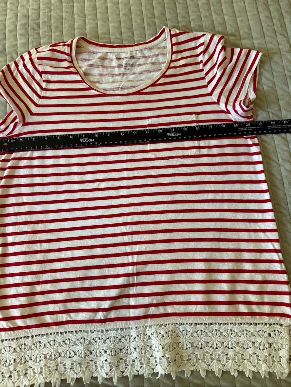 Charter Club Women’s Striped Crochet Lace Hem T-Shirt Red White 100% Cotton Sz M - Picture 3 of 7